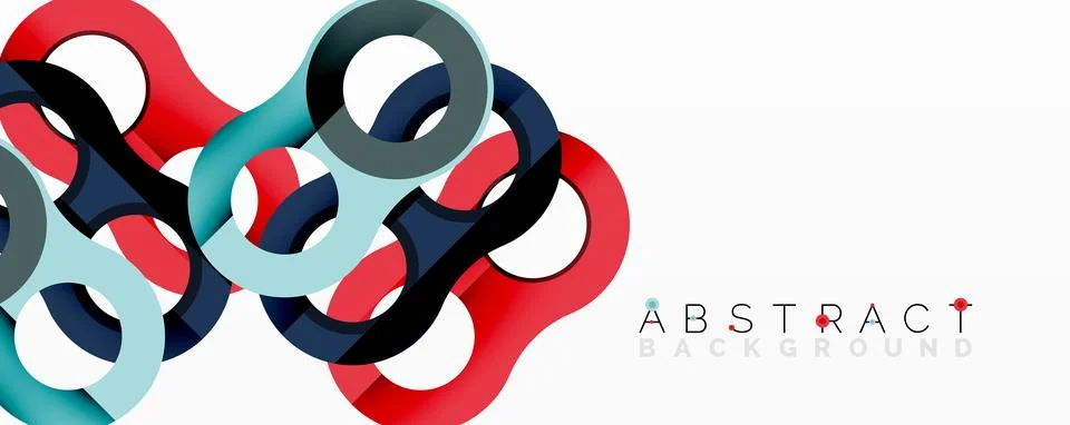 Abstract design features interconnected loops. Red, blue, black elements crea Stock Illustration