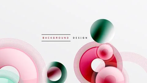 Abstract design features layered circles, lines. Pink, red, teal hues create 스톡 일러스트