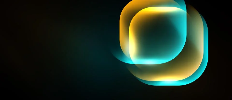 Abstract design features layered glowing shapes. Teal, gold hues dominate dar Illustrazione stock