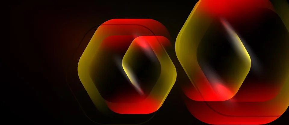 Abstract design features layered hexagons. Red, gold hues dominate dark Stock Illustration