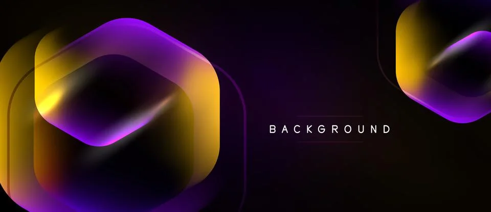 Abstract design features layered hexagons, vibrant purple, gold hues. Dark Stockillustratie