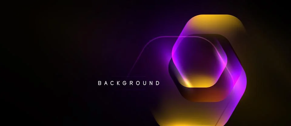 Abstract design features layered hexagons, vibrant purple, gold hues. Dark Stockillustratie