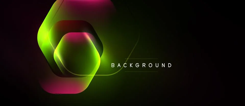Abstract design features layered hexagons, vibrant green, pink hues. Dark Stockillustratie