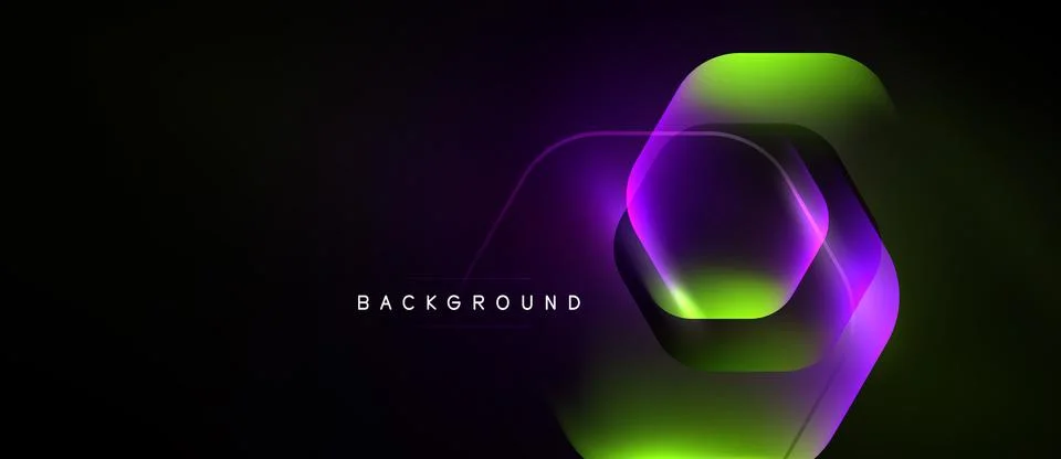 Abstract design features layered hexagons. Purple, green hues blend into dark Stock Illustration