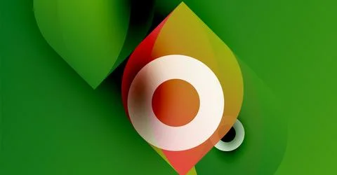 Abstract design features layered leaf shapes, vibrant colors, central circular Stock Illustration