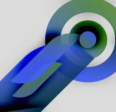 Abstract design features layered shapes, blue, green hues. Circular elements Illustrazione stock