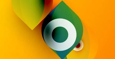 Abstract design features layered shapes, vibrant colors. Green leaf forms circle Stock Illustration