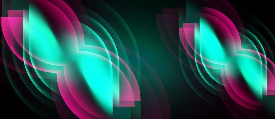 Abstract design features layered shapes, vibrant teal, magenta hues. Dark Stock Illustration