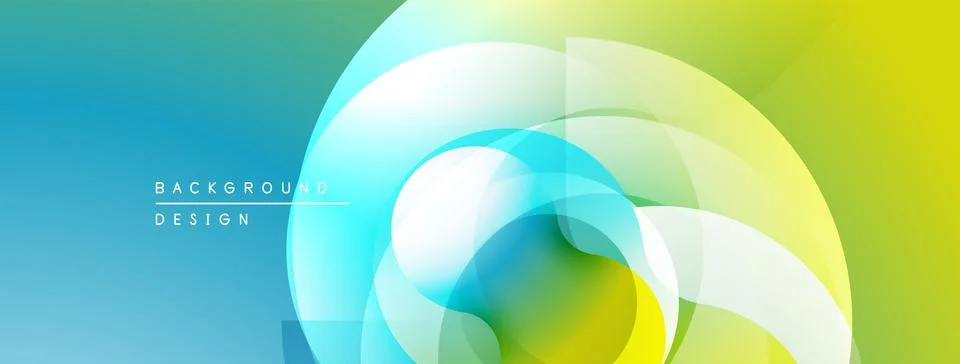 Abstract design features layered translucent circles. Colors blend from blue, Stock Illustration