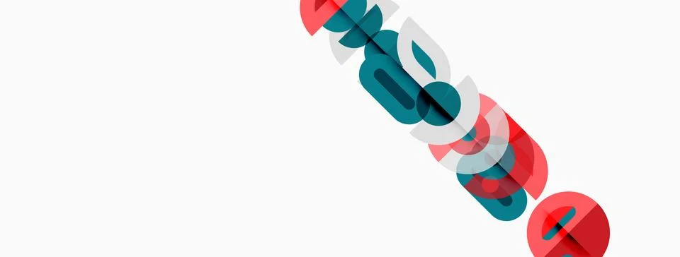 Abstract design features linked circles, teal, red, white. Minimalist Stock Illustration