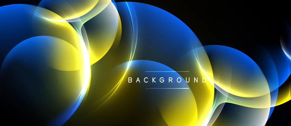 Abstract design features luminous circles, flowing lines, vibrant blue, yello Stock Illustration