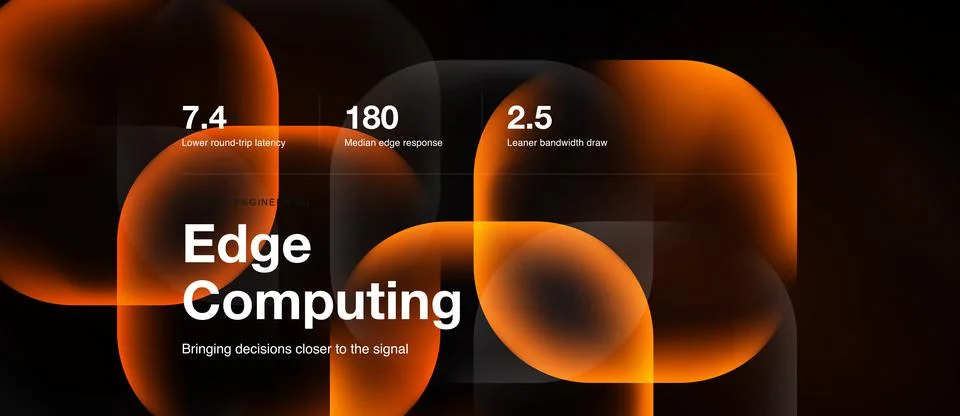 Abstract design features orange shapes, numbers, text promoting edge computin Stock Illustration