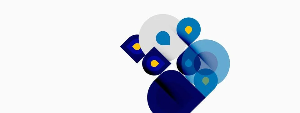 Abstract design features overlapping blue circles, squares. Minimalist Illustrazione stock