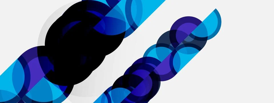 Abstract design features overlapping blue circles, diagonal lines, white spac Stock Illustration