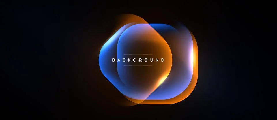 Abstract design features overlapping blue, orange layers. Center displays Stock Illustration