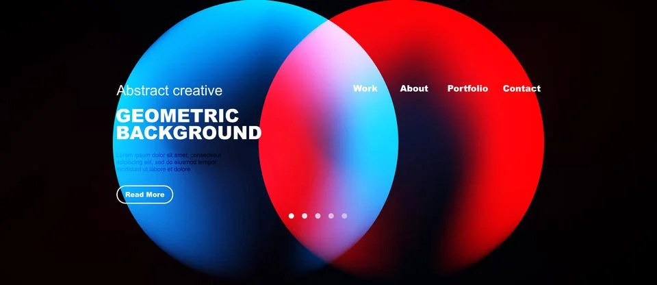 Abstract design features overlapping blue, red circles. Text elements include Ilustración de archivo