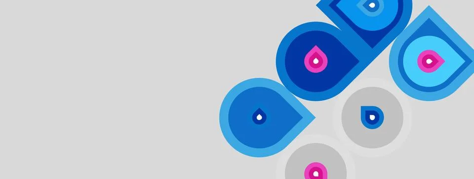 Abstract design features overlapping blue circles, pink droplets. Light gray Stock Illustration
