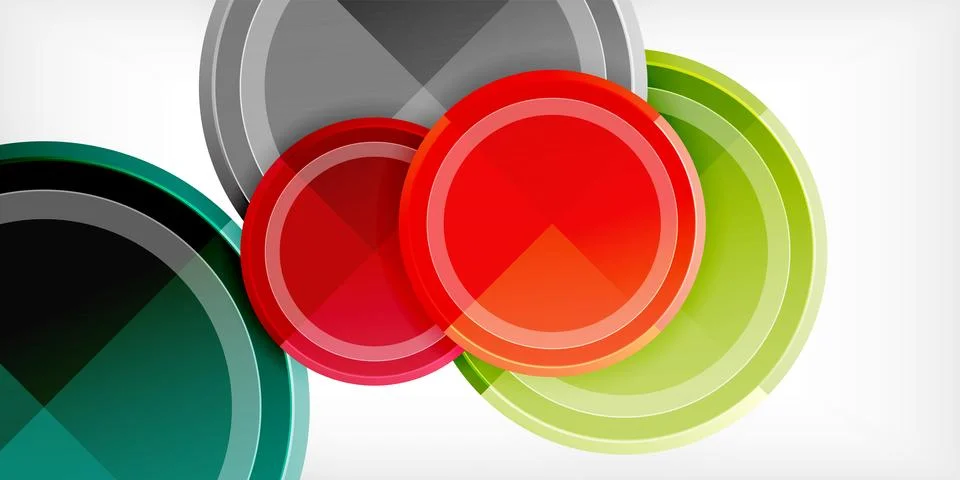 Abstract design features overlapping circles, triangles. Colors include red, 库存插图
