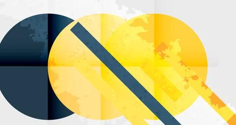 Abstract design features overlapping circles, squares, diagonal lines. Yellow, 库存插图