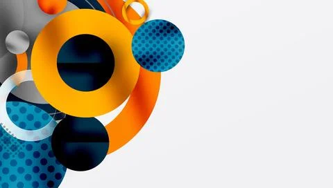 Abstract design features overlapping circles, curves, dots. Modern, vibrant Stock Illustration