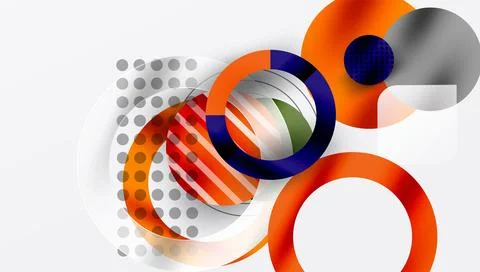 Abstract design features overlapping circles, stripes, dots. Modern composition Stock Illustration