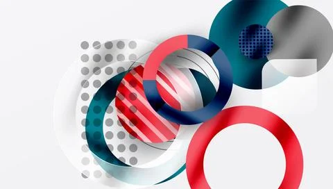 Abstract design features overlapping circles, stripes, dots. Modern composition Stock Illustration