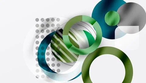 Abstract design features overlapping circles, stripes, dots. Modern composition Stock Illustration