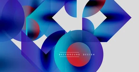 Abstract design features overlapping circles, triangles, vibrant blue, red hues. Stock Illustration