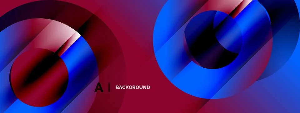 Abstract design features overlapping circles, vibrant red, blue gradients. Stock Illustration