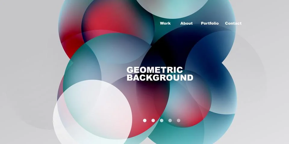 Abstract design features overlapping circles, vibrant colors, text elements. Illustrazione stock