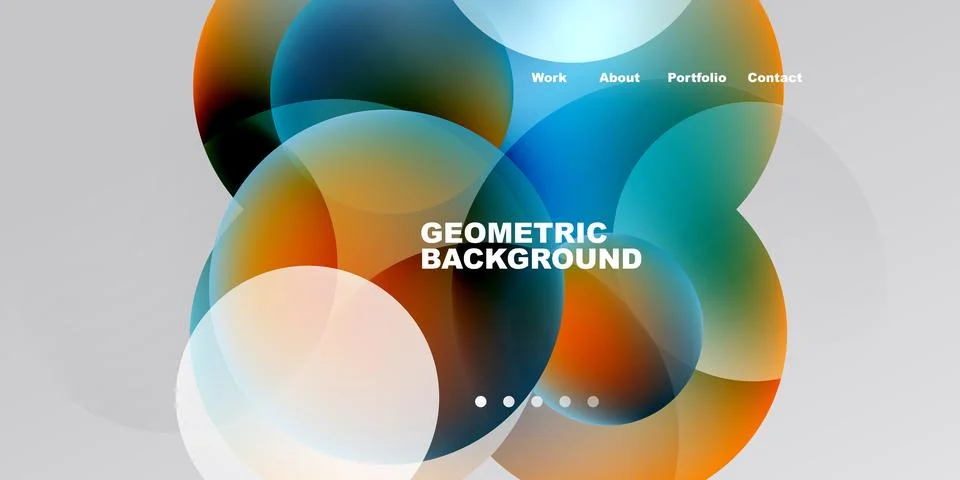 Abstract design features overlapping circles, vibrant colors, text elements. Stock Illustration