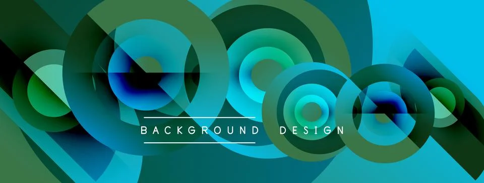 Abstract design features overlapping circles, gradients. Blue, green hues Stock Illustration
