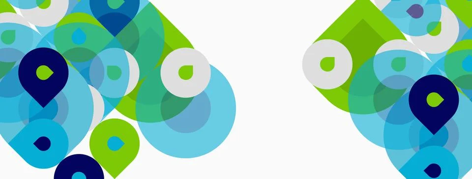 Abstract design features overlapping circles, varied hues. Location pins Stock Illustration