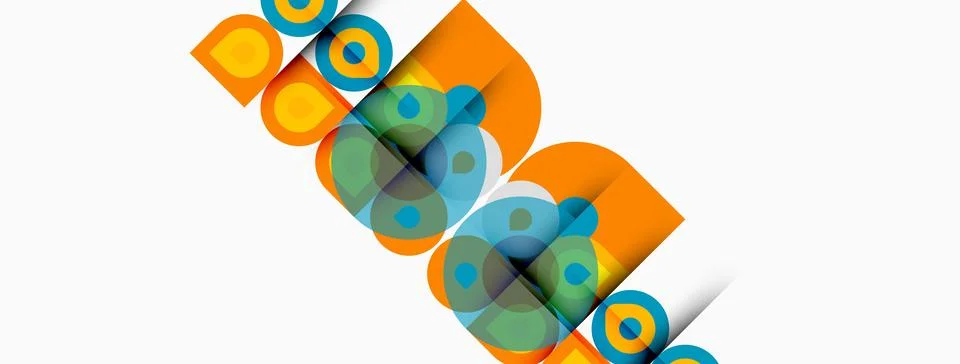 Abstract design features overlapping circles, squares. Orange, teal, green hu Illustrazione stock