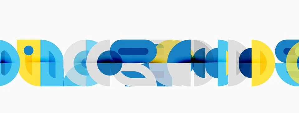 Abstract design features overlapping circles, vibrant blues, yellows. Modern Stock Illustration