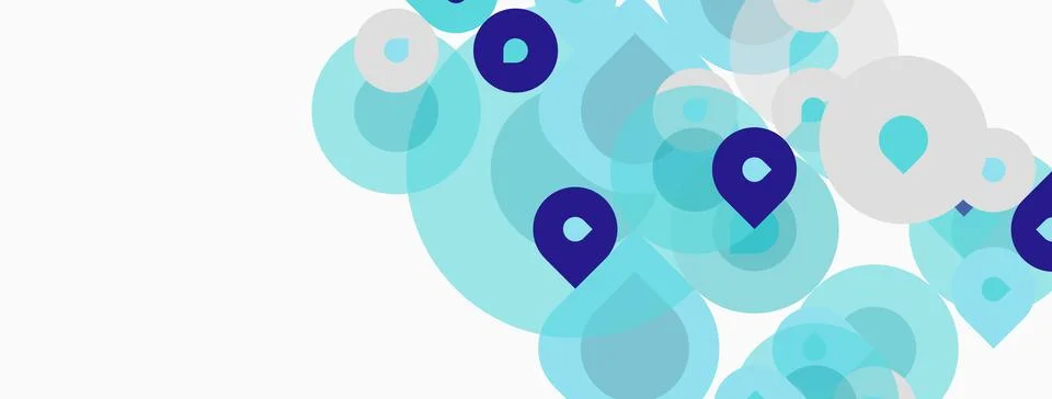 Abstract design features overlapping circles, varying shades blue, white Stock Illustration