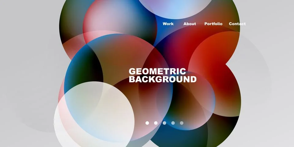 Abstract design features overlapping circles, vibrant colors, text elements. Illustrazione stock