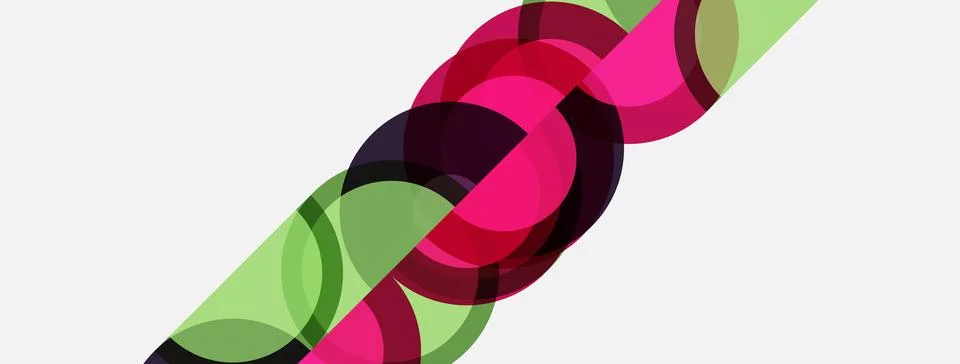 Abstract design features overlapping circles, pinks, greens, purples. Modern Stock Illustration