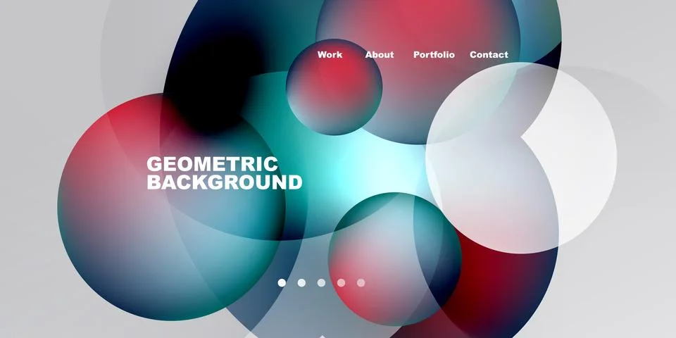 Abstract design features overlapping circles, vibrant colors, text elements. Illustrazione stock