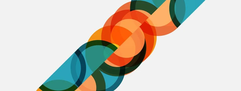 Abstract design features overlapping circles, orange, teal, brown hues. Stock Illustration