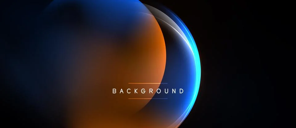 Abstract design features overlapping circles, blue, orange hues. Dark backg.. Ilustración de archivo