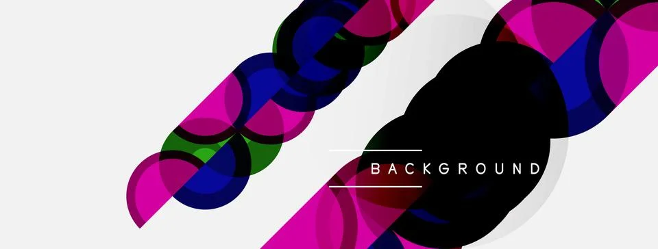 Abstract design features overlapping circles, diagonal lines, vibrant colors. Illustrazione stock