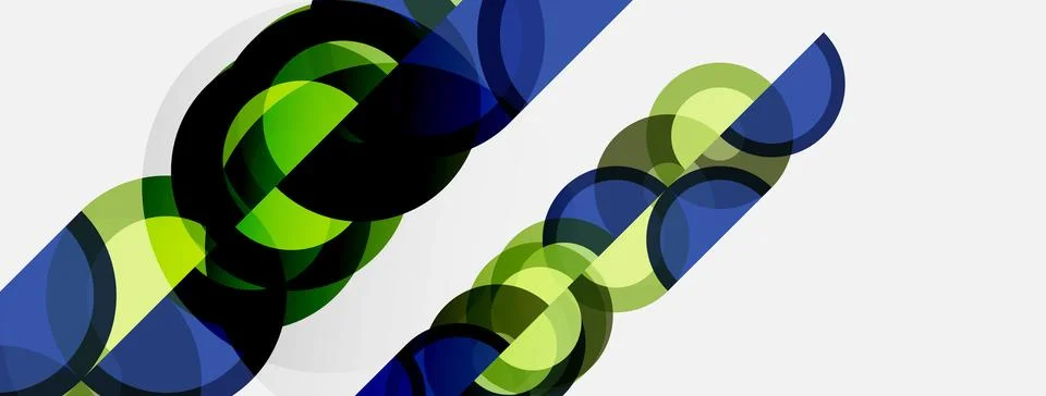 Abstract design features overlapping circles, green, blue hues. Diagonal line Stock Illustration