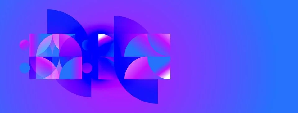 Abstract design features overlapping circles, squares, vibrant blue, purple.. Illustrazione stock