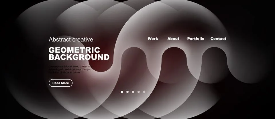 Abstract design features overlapping circles, text elements, navigation menu. 스톡 일러스트