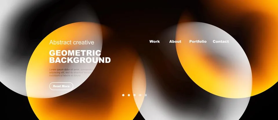 Abstract design features overlapping circles, orange hues, text elements. M.. Ilustración de archivo