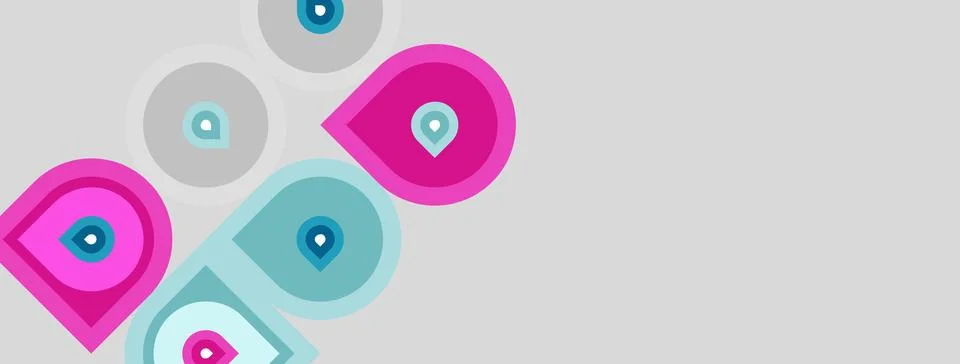 Abstract design features overlapping circles, pinks, teals, gray background. Stock Illustration