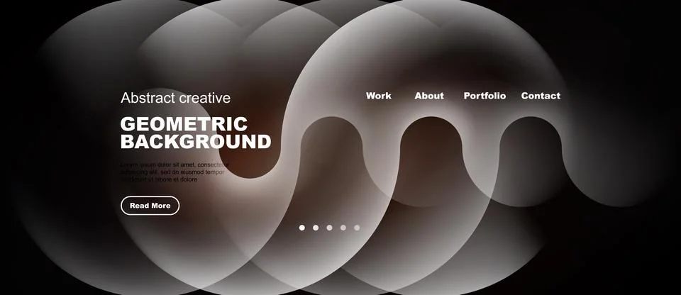 Abstract design features overlapping circles, gradients, text elements. Stockillustratie