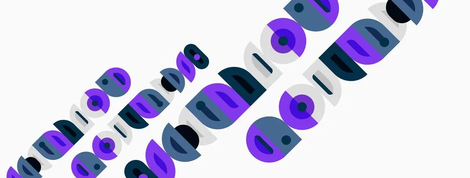 Abstract design features overlapping circles, purple hues, white accents. Stock Illustration