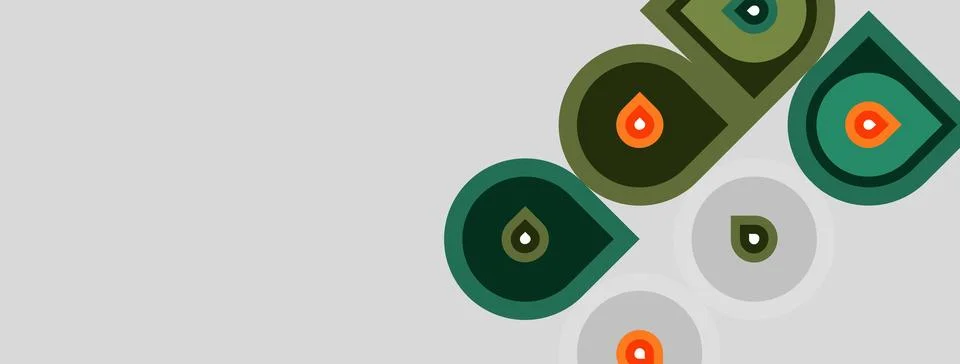 Abstract design features overlapping circles, drops, muted greens, grays. Illustrazione stock